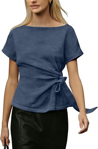 Womens Short Sleeve Knit Top Tie Knot Tunic Wrap Blouse Round Neck Casual Dressy Tops for Office Date Spring Summer in Saudi Arabia