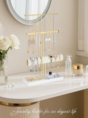 Pink Jewelry Organizer Stand, 3-Tier Necklace & Bracelet Holder with Velvet Ring Tray, Cute Aesthetic Jewelry Tree Storage Rack for Earrings & Rings – Perfect for Women & Girls in Saudi Arabia