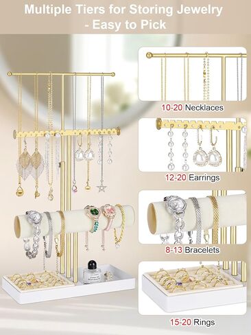 Pink Jewelry Organizer Stand, 3-Tier Necklace & Bracelet Holder with Velvet Ring Tray, Cute Aesthetic Jewelry Tree Storage Rack for Earrings & Rings – Perfect for Women & Girls in Saudi Arabia