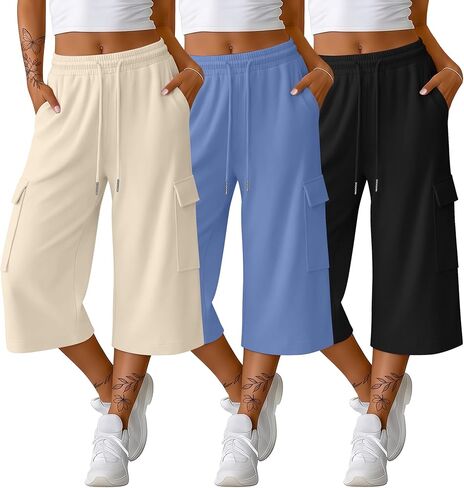 3 Pack Women's Cargo Capri Sweatpants Wide Leg Baggy Cropped Pants Casual Athletic Joggers with 4 Pockets in Saudi Arabia