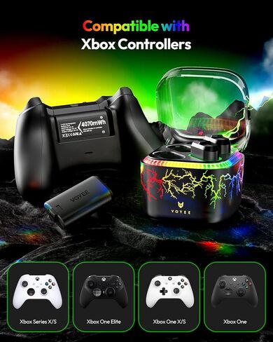 VOYEE Xbox Controller Battery Pack with 7-Color LED Lights, 4x4070mWh Rechargeable Battery, 4-Slot Fast Charger for Xbox Series X/S, Xbox One X/S/Elite, Over Current/Voltage/Short Circut in Saudi Arabia