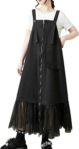ellazhu Women's Pants Overalls Solid Zip UP Two Side Pockets Tulle Hem Fashion Casual Plus Size Maxi GZ552 in Saudi Arabia
