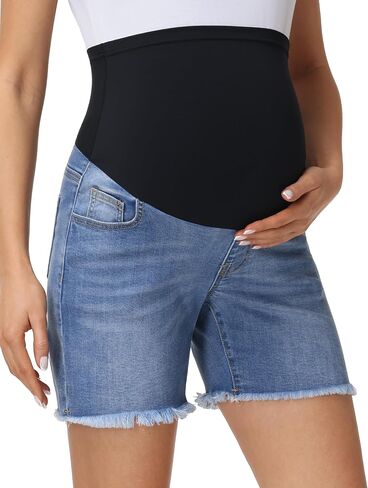 V VOCNI شورت جينز للأمومة للنساء فوق البطن قابل للتمدد من قماش الدنيم قصير للصيف بحاشية خام Jorts شورت طويل للحمل in Saudi Arabia