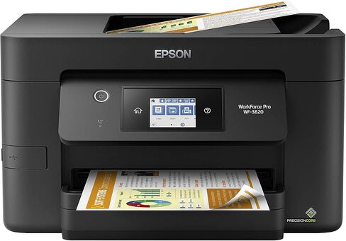 طابعة Epson Workforce Pro WF-3820 الكل في واحد لاسلكية نافثة للحبر ملونة، أسود - طباعة مسح ضوئي وفاكس - شاشة لمس 2.7 بوصة، 21 صفحة في الدقيقة، 4800 × 2400 نقطة في البوصة، 8.5 × 14، طباعة تلقائية على الوجهين، 35 ورقة ADF، إيثرنت in Saudi Arabia
