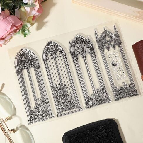 GLOBLELAND Vintage Gothic Windows Clear Stamps Flower Bookmark Clear Stamps Sparkle Moon Silicone Stamps for DIY Scrapbooking Photo Album Decorative Cards Making Home Decoration 8.27x5.83inch in Saudi Arabia