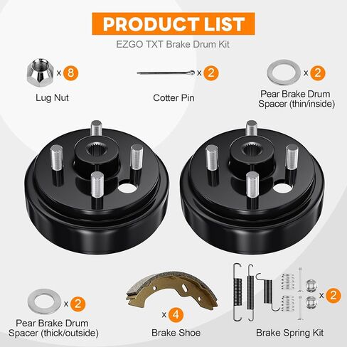 Golf Cart Brake Drum Maintenance Kit for 1997–UP Electric EZGO TXT PDS, Repair Kit with Brake Hub Drums, Shoes/Pads, Spring Kit, Replace OEM# 19186G1 70794G01 70795G01 27943G01 (Not for Gas Models) in Saudi Arabia