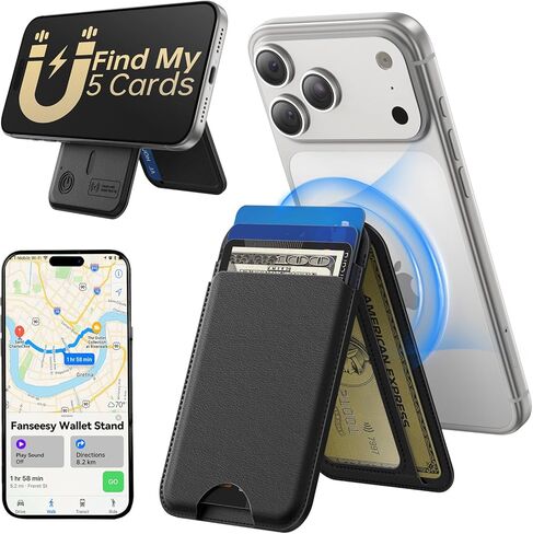 for MagSafe Wallet, Works with Apple Find My,5 Card Holder with Stand, Magnetic Phone Wallet for iPhone 17/16/15/14/13/12 Pro Max Plus Air, RFID Blocking Vegan Leather,Black in Saudi Arabia