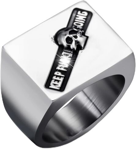 Keep Going Skull Rings for Mens, Square Signet Ring for Dad Father Jewelry Gift for Him, Stainless Steel Gothic Punk Skeleton Men's Biker Ring in Saudi Arabia