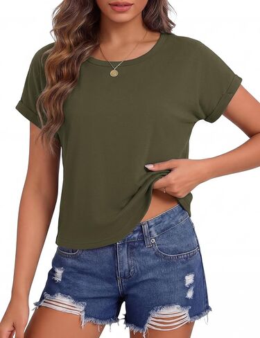 Totatuit Crop Tops for Women Roll Short Sleeve Crewneck Shirts Cropped Tshirts Summer Loose Fit Boxy Basic Tee in Saudi Arabia