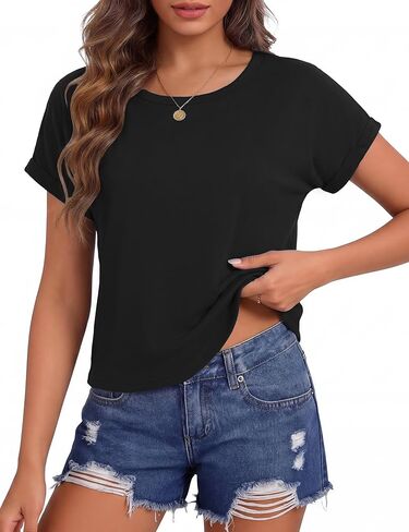 Totatuit المحاصيل القمم للنساء لفة قصيرة الأكمام Crewneck قمصان اقتصاص بلايز الصيف فضفاضة تناسب يشبه الصندوق الأساسية المحملة in Kuwait
