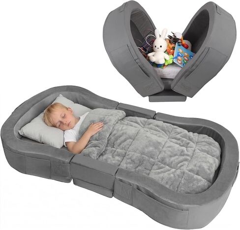 ENITYA Toddler Travel Bed, 2-in-1 Foldable Floor Bed for Kids Naps or Sleep,Built-in Soft Foam Safety Bumper,Easy to Install,Portable Mattress with Washable Cover for Home, Trips & Sleepovers,Grey in Saudi Arabia