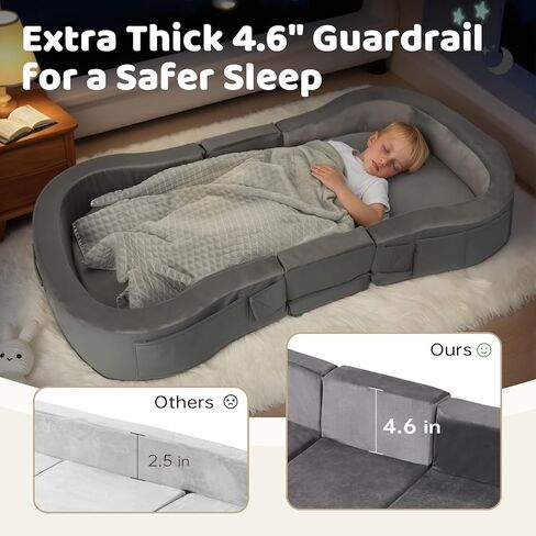 ENITYA Toddler Travel Bed, 2-in-1 Foldable Floor Bed for Kids Naps or Sleep,Built-in Soft Foam Safety Bumper,Easy to Install,Portable Mattress with Washable Cover for Home, Trips & Sleepovers,Grey in Saudi Arabia