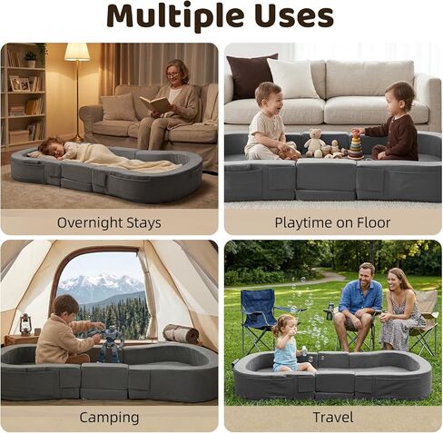 ENITYA Toddler Travel Bed, 2-in-1 Foldable Floor Bed for Kids Naps or Sleep,Built-in Soft Foam Safety Bumper,Easy to Install,Portable Mattress with Washable Cover for Home, Trips & Sleepovers,Grey in Saudi Arabia