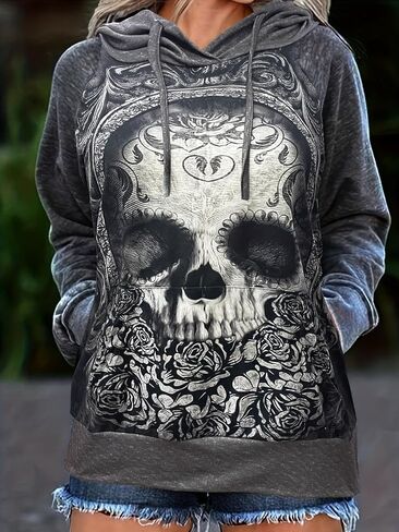 Women's Skull Hoodie Gothic Long Sleeve Oversized Hooded Sweatshirt Casual Loose Fit Top in Saudi Arabia