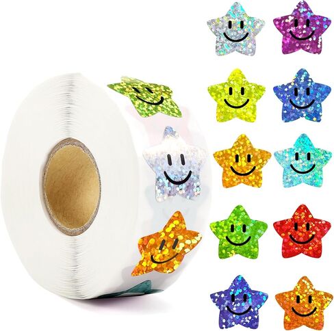 1000PCS 1" 10 Colored Smile Face Star Stickers for Kids Reward, Sparkly Foil Star Stickers for Student Planner and School Classroom Teacher Supplies in Saudi Arabia