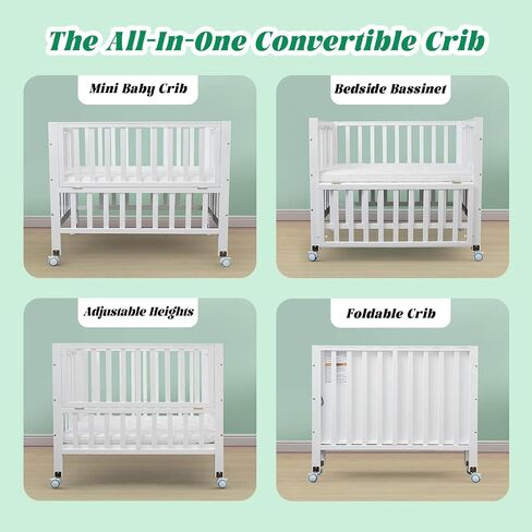 Foldable Mini Baby Crib - Portable 4-in-1 Convertible Baby Cribs,Pine Wood Bedside Bassinet,3 Heights Bassinet Bedside Sleeper with A Sponge Mattress,Wheeled,Unpainted in Saudi Arabia