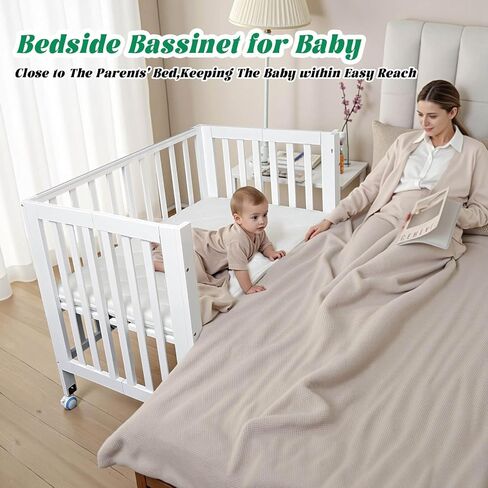 Foldable Mini Baby Crib - Portable 4-in-1 Convertible Baby Cribs,Pine Wood Bedside Bassinet,3 Heights Bassinet Bedside Sleeper with A Sponge Mattress,Wheeled,Unpainted in Saudi Arabia