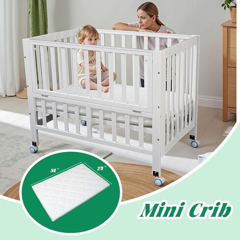 Foldable Mini Baby Crib - Portable 4-in-1 Convertible Baby Cribs,Pine Wood Bedside Bassinet,3 Heights Bassinet Bedside Sleeper with A Sponge Mattress,Wheeled,Unpainted in Saudi Arabia