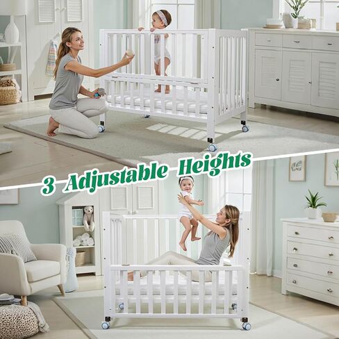 Foldable Mini Baby Crib - Portable 4-in-1 Convertible Baby Cribs,Pine Wood Bedside Bassinet,3 Heights Bassinet Bedside Sleeper with A Sponge Mattress,Wheeled,Unpainted in Saudi Arabia