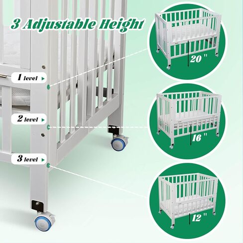 Foldable Mini Baby Crib - Portable 4-in-1 Convertible Baby Cribs,Pine Wood Bedside Bassinet,3 Heights Bassinet Bedside Sleeper with A Sponge Mattress,Wheeled,Unpainted in Saudi Arabia