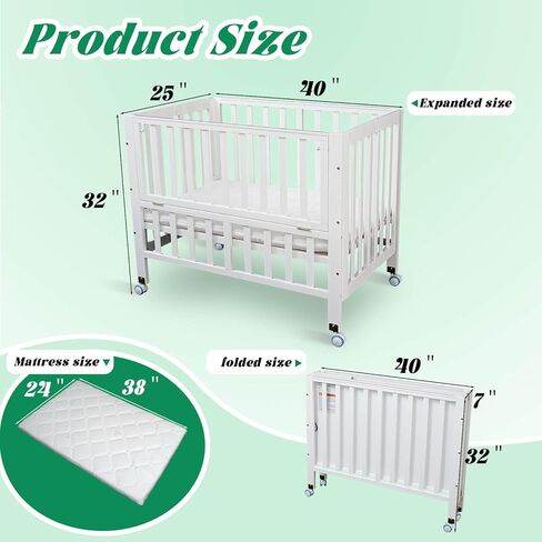 Foldable Mini Baby Crib - Portable 4-in-1 Convertible Baby Cribs,Pine Wood Bedside Bassinet,3 Heights Bassinet Bedside Sleeper with A Sponge Mattress,Wheeled,Unpainted in Saudi Arabia