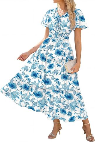 GRACE KARIN Womens Summer Floral Maxi Dresses 2026 Short Sleeve Casual Dress Flowy Beach Vacation Sundress with Pockets in Saudi Arabia