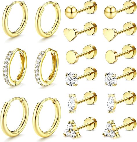 Incaton Hypoallergenic Flat Back Earrings for Women Silver 14K Gold Plated Surgical Stainless Steel Stud Earrings Cubic Zirconia Cartilage Studs Earrings For Multiple Piercing Sensitive Ears in Saudi Arabia