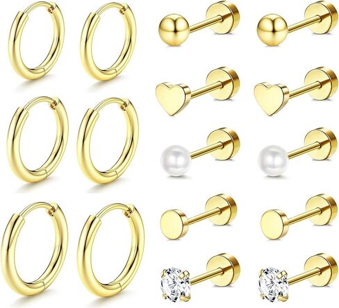 Incaton Hypoallergenic Flat Back Earrings for Women Silver 14K Gold Plated Surgical Stainless Steel Stud Earrings Cubic Zirconia Cartilage Studs Earrings For Multiple Piercing Sensitive Ears in Saudi Arabia