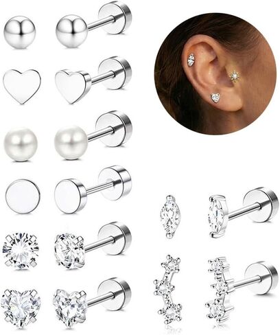 Incaton Hypoallergenic Flat Back Earrings for Women Silver 14K Gold Plated Surgical Stainless Steel Stud Earrings Cubic Zirconia Cartilage Studs Earrings For Multiple Piercing Sensitive Ears in Saudi Arabia