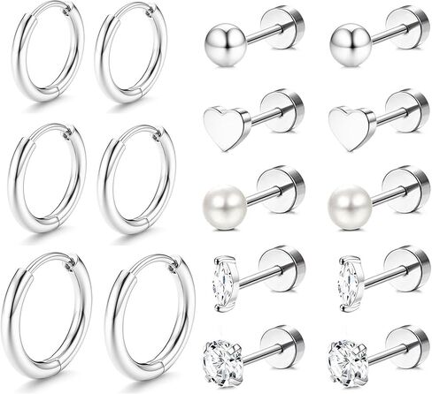Incaton Hypoallergenic Flat Back Earrings for Women Silver 14K Gold Plated Surgical Stainless Steel Stud Earrings Cubic Zirconia Cartilage Studs Earrings For Multiple Piercing Sensitive Ears in Saudi Arabia