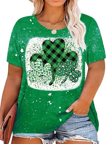 Plus Size St Patrick's Day Shirt for Women Funny Lucky Clover Graphic Short Sleeve Tee Tops in Saudi Arabia