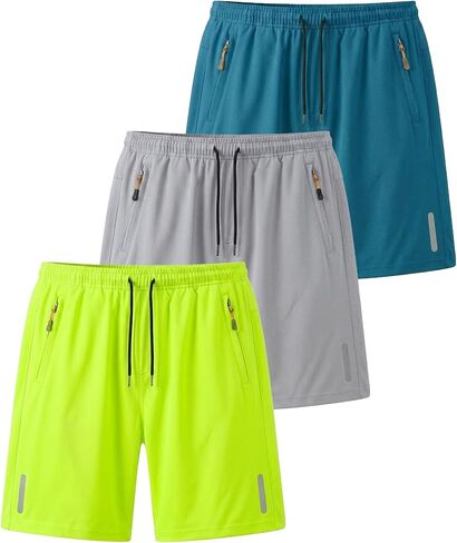 Boys Athletic Shorts 3-Pack, Kids Quick Dry Shorts with Zipper Pockets, Reflective Strip for Basketball, Soccer in Saudi Arabia