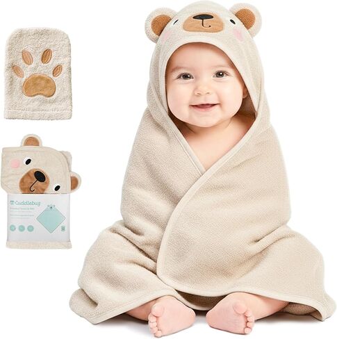 مجموعة مناشف حمام ومنشفة أطفال فاخرة بغطاء للرأس من CuddleBug (دب) - مناشف أطفال بغطاء للرأس مصنوعة من قماش تيري القطني بنسبة 100% لحديثي الولادة والأطفال الصغار، فائقة النعومة والامتصاص، مستلزمات حديثي الولادة (30 بوصة × 30 بوصة) - بيج عسلي in Kuwait