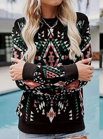 طباعة المرأة Crewneck البلوز راجلان كم طويل عارضة السترة قمم الأسود in Saudi Arabia