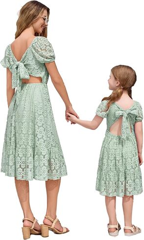 AWIBMK Mommy and Me Vintage Lace Dress Puff Sleeve Bow Tie Back A-line Mother Daughter Summer Casual Party Dresses in Saudi Arabia