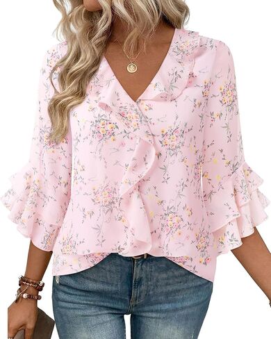 Gaharu Womens Dressy Casual Blouses 3/4 Sleeve V Neck Ruffle Tops Business Ladies Summer Fashion Work Shirt in Kuwait