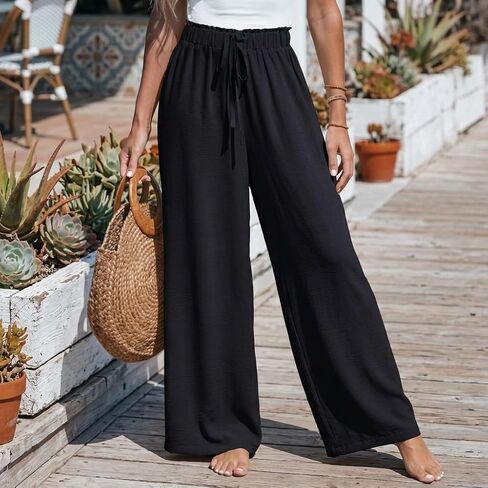 Women Flowy Pants Drawstring Waist Wide Leg Beach Loose Fit Casual Pants in Saudi Arabia