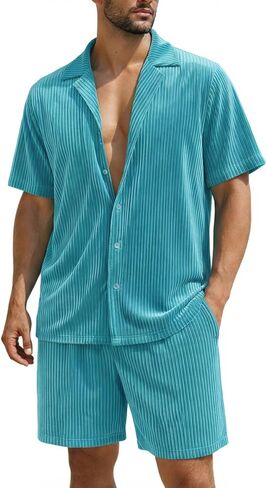 Mens Velour Tracksuit Short Set 2 Piece Casual Short Sleeve Velvet Button Down Shirt and Short Outfits for Men in Saudi Arabia