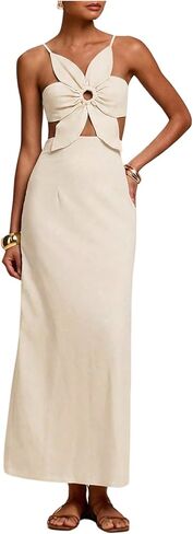 SHENHE Women's Petal Backless Maxi Dress Cut Out Sleeveless Vacation Long Linen Dresses in Kuwait