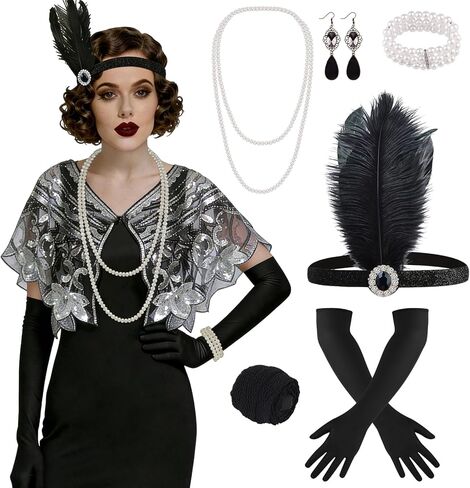 ELECLAND 10 قطع 1920s Flapper Gatsby مجموعة إكسسوارات أزياء طافوا 20 مع غطاء رأس للنساء in Kuwait
