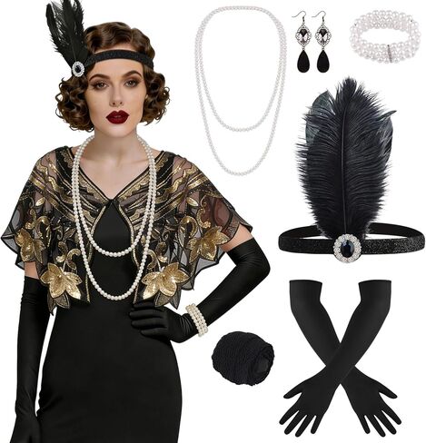 ELECLAND 10 قطع 1920s Flapper Gatsby مجموعة إكسسوارات أزياء طافوا 20 مع غطاء رأس للنساء in Kuwait