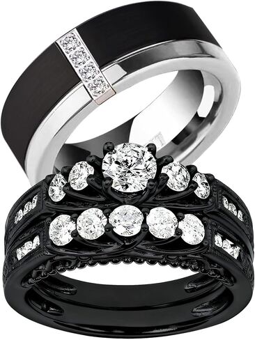 Couple Rings Black Matching Rings Three stone Black CZ Women Wedding Ring Sets for Him and Her Men Wedding Band in Saudi Arabia