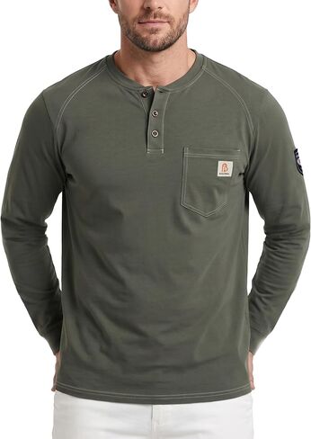 BOCOMAL Men's FR Henley Shirt Flame Resistant 5.5oz Cotton Long Sleeve Workwear UL NFPA2112 CAT2 Welding Tee in Saudi Arabia