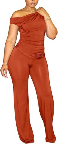 CXXQ 2 قطعة ملابس النادي للنساء كلوبوير مثير قبالة الكتف Ruched المحاصيل القمم Bodycon واسعة الساق بانت مجموعات السراويل in Saudi Arabia