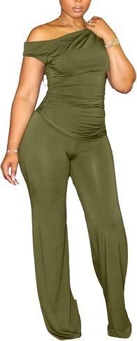 CXXQ 2 Piece Club Outfits for Women Clubwear Sexy Off Shoulder Ruched Crop Tops Bodycon Wide Leg Pant Sets Pantsuits in Saudi Arabia