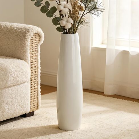 مزهرية أرضية من السيراميك الأبيض بطول 17.7 بوصة، حامل زهور مزخرف، مزهريات كبيرة لقطع مركزية على الطاولة، رف ديكور المنزل، فروع غرفة المعيشة، تشكيلة زهور مجففة بالسماء، ديكور بسيط in Kuwait
