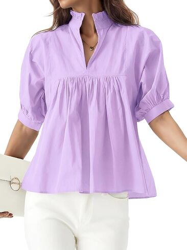 Womens Babydoll Peplum Tops Short Puff Sleeve Blouse V-Neck Pleated Loose Fit Dressy Casual Shirts in Saudi Arabia