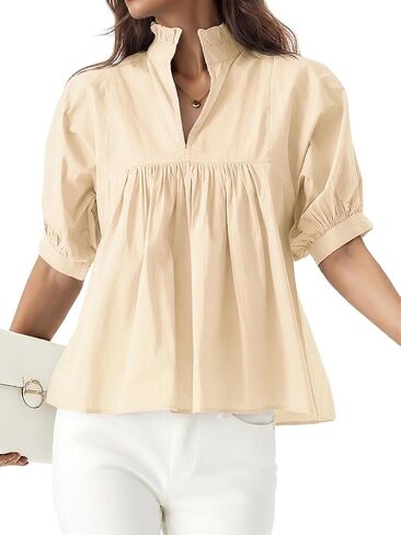 Womens Babydoll Peplum Tops Short Puff Sleeve Blouse V-Neck Pleated Loose Fit Dressy Casual Shirts in Saudi Arabia