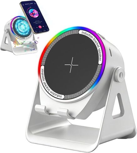 Bluetooth Speaker, 4-in-1 Wireless Induction Speaker & RGB Light Stand Multi-Functional Phone Stand Instant-Connect Stereo Sound, 360° Adjustable Holder for iPhone/Android/iPad/Samsung (Black) in Saudi Arabia