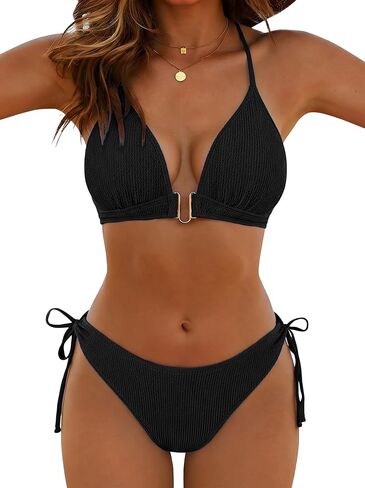 طقم بيكيني مثلث صفيق للنساء، ملابس سباحة مضلعة قطعتين، بدلات استحمام بقصة عالية in Kuwait